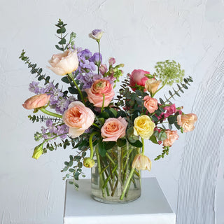 Floral arrangement of pastel spring blooms